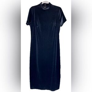 Vintage Velvet Dress Sz Large Black Mock Neck Short Sleeve Maxi Whimsigoth USA